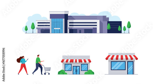 Modern retail center with diverse shoppers exploring various small shops and boutiques on a pleasant day