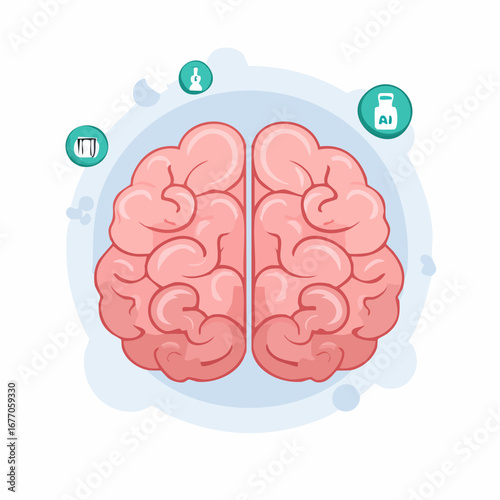 Brain illustration with AI, creativity, and ideas icons
