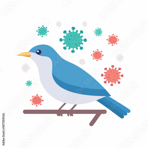 Avian flu concept illustration with a bird surrounded by coronavirus particles