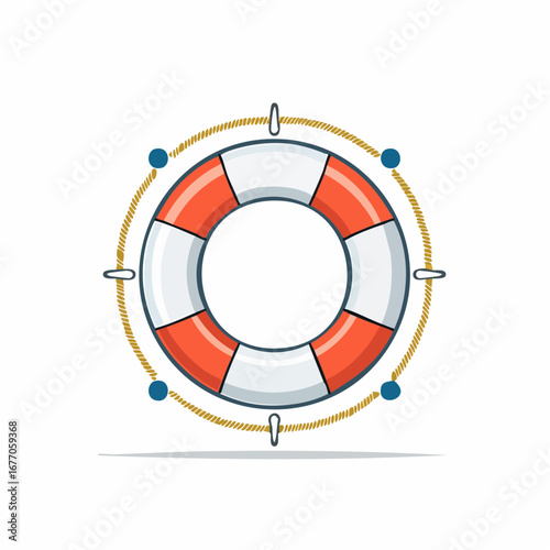 Nautical safety lifebuoy ring with golden rope marine rescue equipment simple flat illustration