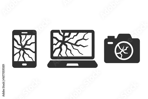 Broken technology icon set. Shattered smartphone, cracked laptop screen, smashed camera lens. Concept for device repair, damage, accident, e-waste, insurance. Solid glyph vector.