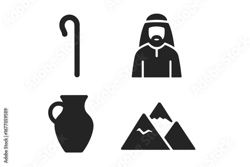 Biblical shepherd culture icon set. Solid vector glyphs of historical religious figure, ancient staff, traditional robe, clay pot, and mountains. Pastoral nomad concept.