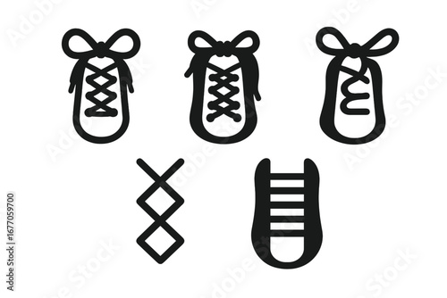 Shoe lace icon set. Vector collection of shoelace tying methods and knots. Guide for bow knot, loop knot, crisscross lacing, and straight bar lacing. Footwear graphics.