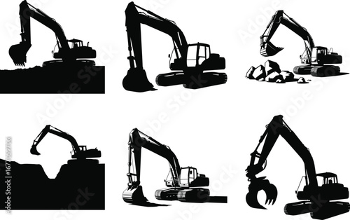 Excavator Silhouette Construction Vector Design, Heavy Equipment Excavator Silhouette Illustration, Industrial Machine Excavator Silhouette Clipart