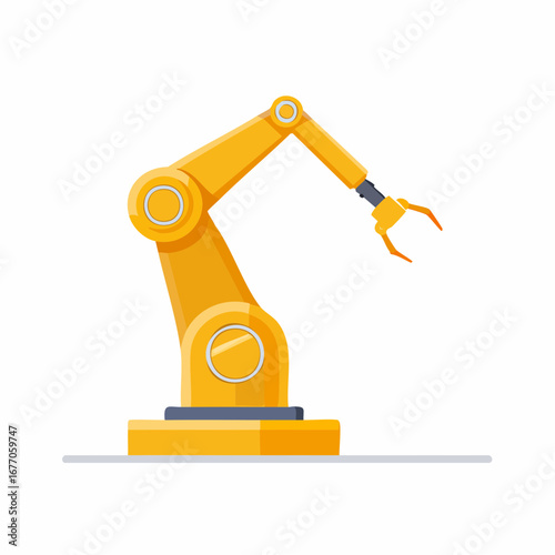 Industrial robot arm with claw gripper for factory assembly line automation flat vector illustration