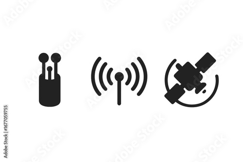 Signal transmission vector icon set. Communication technology symbols. Solid pictograms of fiber optic cable, wireless radio wave antenna, and satellite in orbit connection.