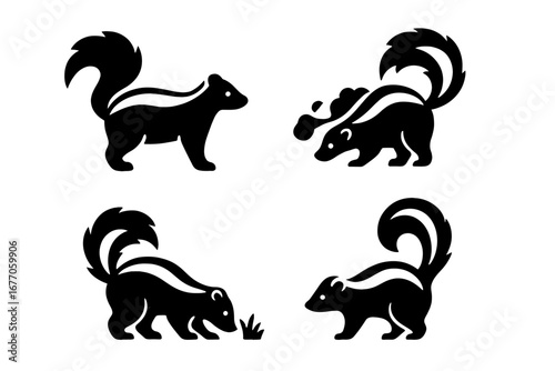 Skunk solid glyph icon set. Collection of black and white vector silhouettes of wild animals. Foraging, standing and spraying skunk. Wildlife smelly mammal defense mechanism.