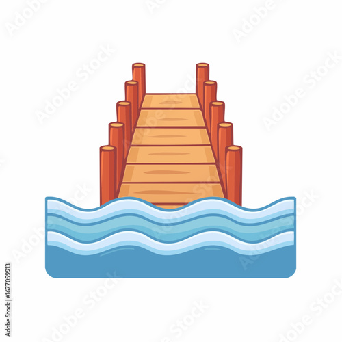 Wooden pier extending over blue wavy water illustration