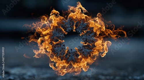 Wallpaper Mural A circular design of vibrant flames, in shades of orange and gold, encircles a dark center, against a dark background. Torontodigital.ca