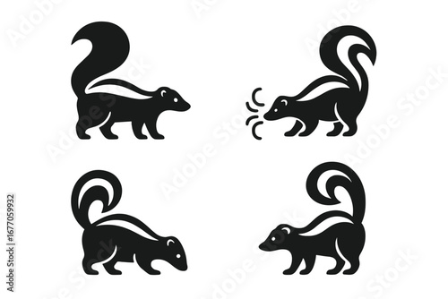Skunk icon set vector graphic collection. Black solid silhouette of wild skunks in poses. Standing, spraying stink, foraging animal. Mammal character for logo or symbol.