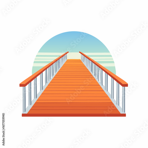 Vector illustration of a wooden pier with railings extending over tranquil water towards the horizon