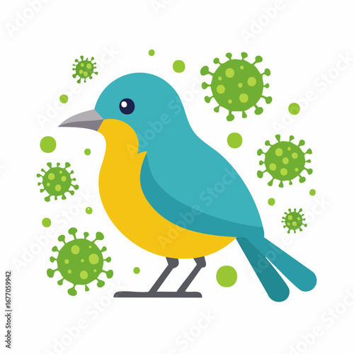 Cartoon blue yellow bird amidst green virus particles symbolizing avian disease outbreak pandemic concept