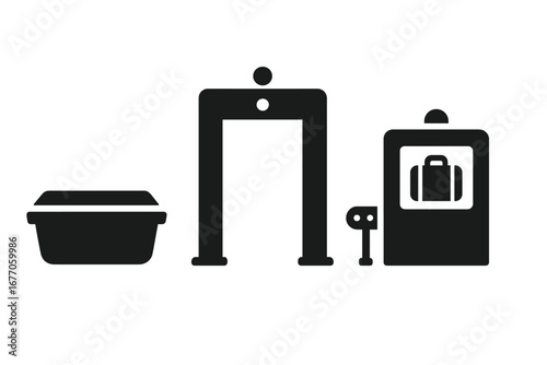 Airport security check icons. TSA checkpoint with walk-through scanner, x-ray machine and luggage bin. Solid glyph vector set for travel, safety and transportation concepts.