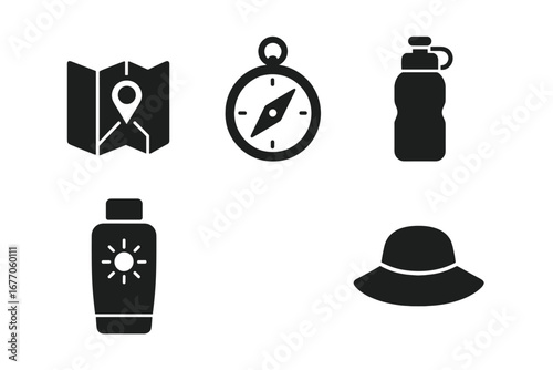 Travel essentials solid icon set. Glyph collection for tourism and adventure. Includes map with pin, compass, water bottle, sunscreen, and sun hat. Vacation and hiking concept.
