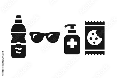 Travel essentials solid icon set. Vector glyph symbols for journey, vacation, holiday. Personal items concept. Water bottle, sunglasses, hand sanitizer, snack, and cookie.