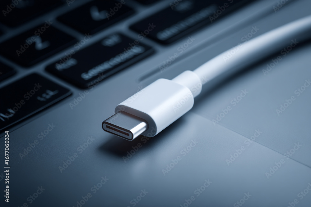 Fototapeta premium Minimalist tech image of USB-C connection with laptop on white background, product-focused shot.