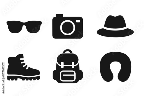 Travel icons set for vacation and adventure. Tourism and journey concept. Solid glyph collection of travel accessories: sunglasses, camera, hat, pillow, hiking boot, backpack.
