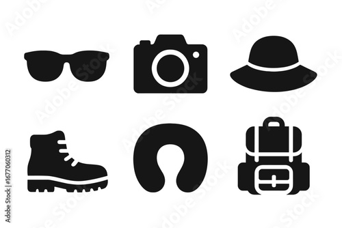 Travel icon set. Vacation essentials glyph collection. Solid silhouette icons for tourism and adventure. Sunglasses, camera, hat, hiking boot, neck pillow, and backpack vector.