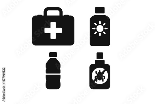 Travel safety icon set. Health care on vacation. First aid kit, sunscreen, water bottle, insect repellent glyph. Emergency protection symbols. Summer holiday vector graphic.