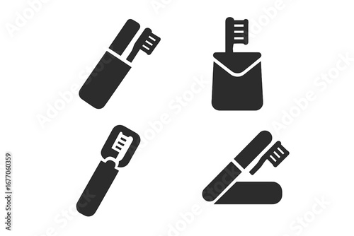 Travel toothbrush holders icons. Solid filled icon set of travel toothbrush hard case, soft pouch, clip holder, and foldable design. Vector glyph illustration for hygiene.