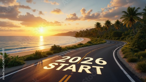 Winding Beach Road with words start 2026 of New Year on asphalt, lush green palms, vibrant sunset sky. Concept of serenity and new beginnings, start of New Year 2026.