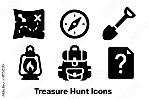 Treasure hunt solid glyph icon set. Adventure essentials for a quest and exploration. Pirate map, compass, shovel, lantern, backpack, and mystery clue. Vector graphic assets.