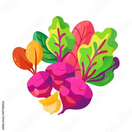 Colorful beetroots with fresh greens and leaves in flat design  