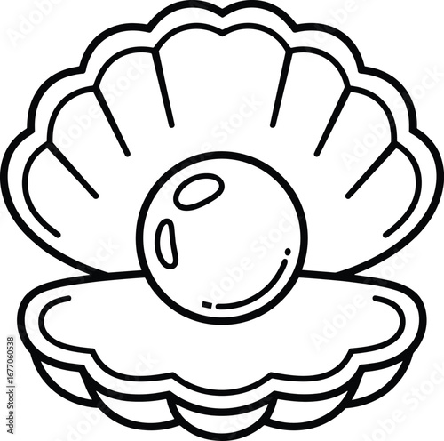 Black and white outline drawing of an open seashell with a pearl inside on a white background mollusk