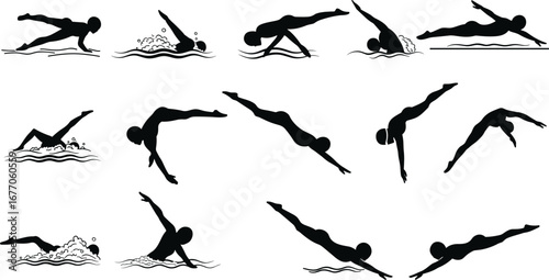 Silhouette icons of swimmers diving, swimming, and performing strokes in water, perfect for sports, fitness, pool, and Olympic designs