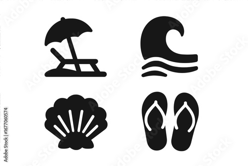 Tropical beach icons vector set. Solid glyph pictograms of summer vacation items. Includes lounge chair with umbrella, ocean wave, seashell, and flip flops. Travel symbols.