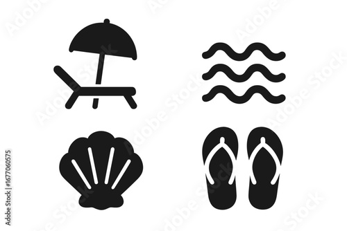 Summer vacation icon set. Tropical beach solid glyph symbols. Lounge chair, umbrella, ocean wave, seashell, flip flops. Vector silhouette design element for travel concept.