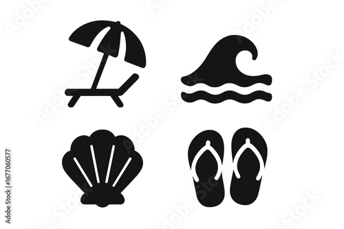 Tropical beach solid icon set. Summer vacation silhouette symbols. Vector graphic elements of beach umbrella, lounge chair, sea wave, seashell, and flip-flops for travel design.