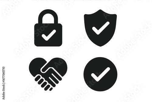 Trust vector icon set. Padlock, shield, checkmark, and handshake symbols. Concepts of security, quality guarantee, reliability, safety, protection, and business agreement.