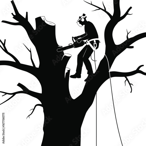 Arborist cutting tree with chainsaw, safety gear, helmet, climbing harness, tree removal work, forestry service, silhouette vector illustration