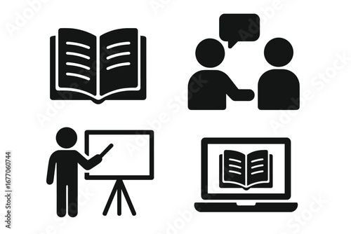 Tutoring icon set. Solid glyph symbols for education, e-learning, private lessons, and study. Vector icons of book, teacher, student, whiteboard, and online course.