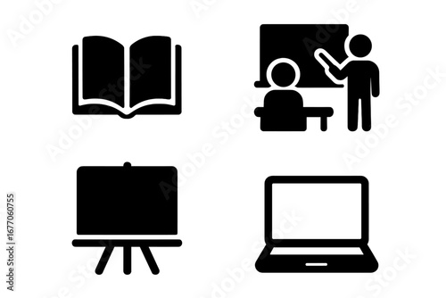Tutoring and education solid icon set. Vector symbols for private lessons, e-learning, and school. Teacher, student, book, laptop, and whiteboard glyph icons for web design.