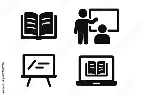 Tutoring and e-learning solid icon set. Education, school, university vector symbols. Teacher with student, online course on laptop, open book, and whiteboard presentation icons.