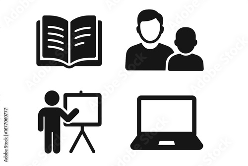 Tutoring vector icon set. E-learning and education concept. Teacher and student, online course, mentorship, knowledge. Glyph pictograms. Open book, laptop, presentation.