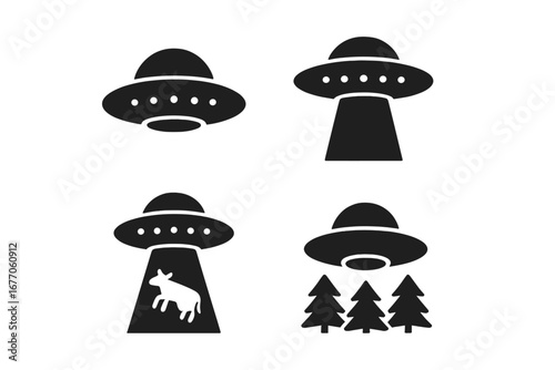 UFO icon set for paranormal concepts. Flying saucer abducting a cow with a tractor beam. Alien spaceship invasion over a forest. Extraterrestrial sci-fi vector glyphs.