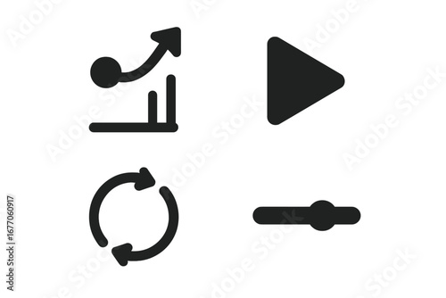 Solid UI icon set for web and app design. Vector graphic elements for user interface, including play button, loop or repeat symbol, speed slider, and bounce animation icon.