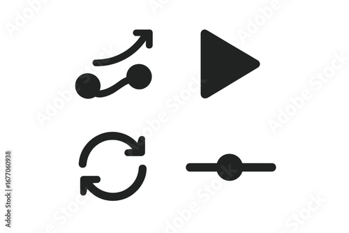 Solid glyph UI icon set for web and app design. User interface player control elements: play button, loop symbol, speed slider, and bounce animation path. Vector graphic symbols.