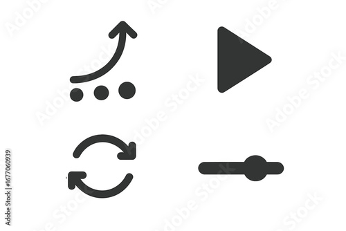 Solid UI icon set for interactive design. Vector graphic collection includes bounce animation, play button, loop or repeat symbol, and speed adjustment slider for web & app.