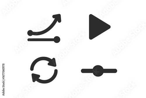 Solid glyph UI icon set for animation and video. Vector symbols for user interface design, including play button, loop, speed slider, and motion path for interactive elements.