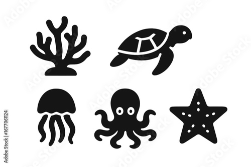 Sea life icon set. Marine fauna collection with coral reef, sea turtle, jellyfish, octopus, starfish. Aquatic animal solid glyph icons. Underwater wildlife vector symbols.