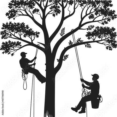 Arborists climbing tree, tree maintenance teamwork, professional rope access, arborist gear safety, pruning operation, forest workers, climbing harness, outdoor work