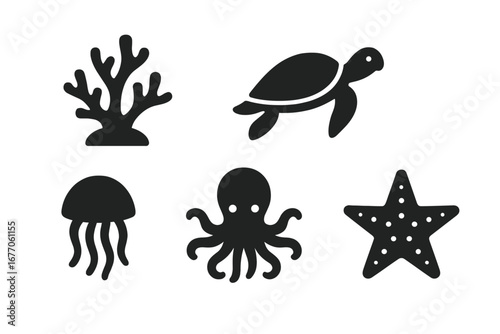 Sea life icon set. Underwater marine animal silhouette collection. Vector graphic icons of coral, sea turtle, jellyfish, octopus, starfish. Ocean fauna, aquatic life symbols.