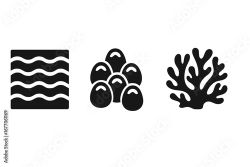 Underwater texture icons. Solid filled icon set of marine patterns. Water ripple, sand wave, barnacle cluster, coral silhouette. Sea nature symbols vector illustration glyph set.