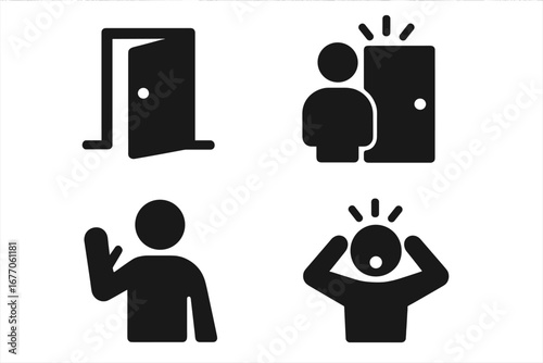 Unexpected encounter solid glyph icon set. Vector pictograms of a surprise visit, open door, waving person, and startled figure. Concepts of shock, alarm, greeting, welcome.