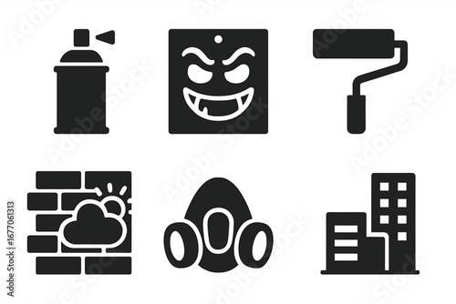 Urban art and graffiti icon set. Solid filled glyphs of spray can, stencil, paint roller, wall mural, respirator mask, and city buildings. Street art vector illustration.