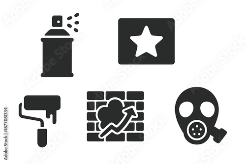 Street art solid icon set. Vector graffiti symbols. Includes spray can, star stencil, paint roller, brick wall mural, gas mask. Urban culture and hip hop design elements.